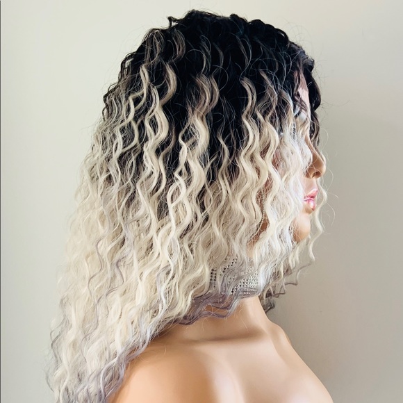 Wavy 28” Ombre White with Blue Lace Front Premium Fiber Wig - Picture 6 of 13